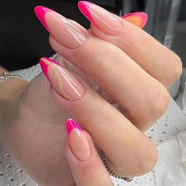 Almond Press on Nails Medium Hot Pink Fake Nails French Tips Stick on Nails Full Cover Gel False Nails with Gold Glitter Designs Glossy Stripe Glue on Nails for Women Girls Daily Wear Manicure 24pcs
