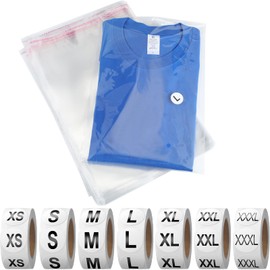 Epakh 200 Pcs Resealable Poly Clear Shirt Bags with 7 Sizes 3500 Pcs Clothing Size Stickers Labels Self Sealing Plastic Bag for Small Businesses Packaging T Shirts Retail Storage(9 x 12 Inch)