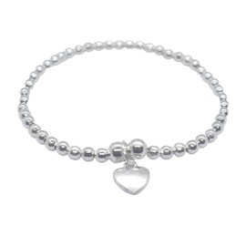 Silver Colour Round Beads With Heart Charm Stretchable Bracelet