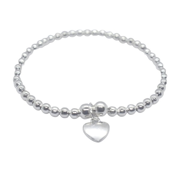 Silver Colour Round Beads With Heart Charm Stretchable Bracelet