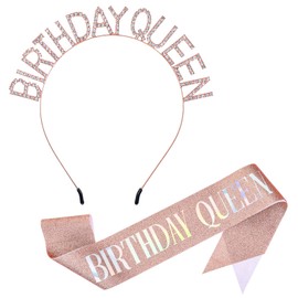 Oruola Birthday Sash and Crown for Women,Birthday Queen Sash and Crown,63In Glitter Birthday Sash for Women and Crown Rhinestone Headband Set,Happy Birthday Tiara Sash Queen Girl Accessories,Rose Gold