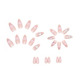 Pink Gradient Press on Nails Almond Medium Artificial False Nails 3D Crystal Love Heart Design Acrylic Nails Charm French Tip Nails Full Cover Glossy Coffin Fake Nails Glue on Nails for Women 24Pcs