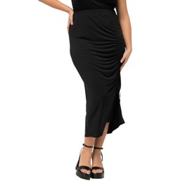 Ulla Popken Ladies Plus Size Plus Size Midi Skirt Slit Ruffle Slim Elastic Waist 828274, black