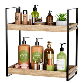 BEKU 2 Tier Bathroom Counter Organizer - Kitchen Sink Countertop Shelf - Makeup Vanity Tiered Tray - (Wood)