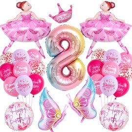 Palloncino decorativo per 8° compleanno, motivo: ballerina, rosa, con numero 8, con corona di farfalla, in lattice e coriandoli, per compleanno di bambine