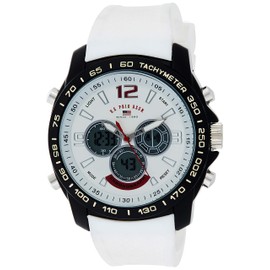 U.S. Polo Assn. Men's Chronograph Sport Watch – Ana-Digital Display with Tachymeter Bezel, Dual Time, Stopwatch & Alarm – White Silicone Strap – 46mm Case – Fits Wrists 5.5" to 8"