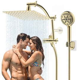 Hibbent All Metal cUPC Certified Shower Head, 10'' High Pressure Rain Shower Head, Handheld Showerhead Combo with 16'' Adjustable Extension Arm, 10 Sprays, 71'' Hose, Shower Holder, Polished Brass
