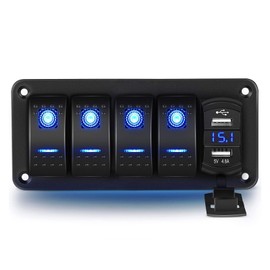 12 V/24 V Switch Waterproof 4 Gang Rocker Switch Panel 5 Pin On Off Toggle Switch with Blue LED Light, 12 V/24 V Switch Panel Waterproof with Dual USB for Boat, Car, Truck