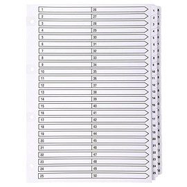 Exacompta - Ref MWD1-50Z - Mylar Printed Indices - For Use WithA4 Documents, Pre-Punched, 160gsm White Card with Reinforced Plastic Tabs, FSC-Certified - 50-Part Dividers (1-50)