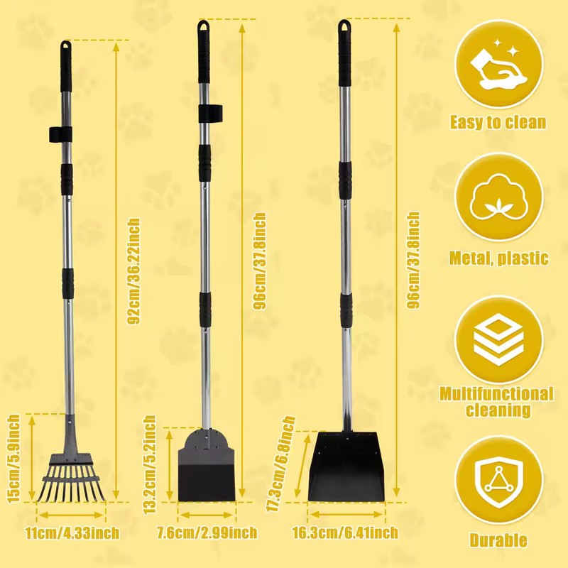 Long Handle Metal Dog Pooper Scooper Set with Rake, Spade