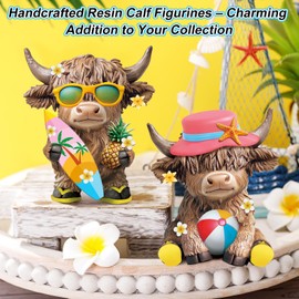 Karenhi 2 Pcs Highland Cow Figurines Summer Beach Seaside Coastal Highland Cow Gnomes Scottish Resin Statue Calf Lovers Gifts for Summer Home Garden Kitchen Office Tiered Tray Table Decor