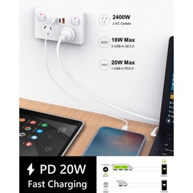 Gerintech Power Point with USB C PD 20W, Double Powerpoint Power Outlet 240V, 10A (White, 20WPD)