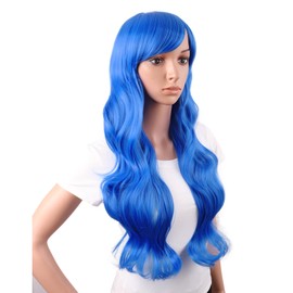 MapofBeauty 28 Inch/70 cm High-temperature fiber Side Bangs Long Wave Curly Hair Cosplay Wig (Bright Blue)