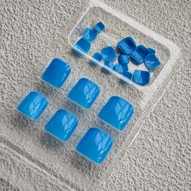 Blue Press on Toenails Glossy Full Cover Fake Toe Nails Short Square False Toenails Reusable Artificial Acrylic Glue on Toenails Summer Beach Stick on Toes for Women Girls Manicure 24 Pcs