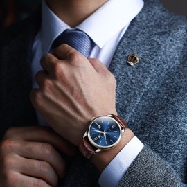 OLEVS Mens Leather Watches Blue Dial Men Watches with Date Brown Leather Watch Men Easy to Read Waterproof Mens Dress Watches Casual Mens Wrist Watch Reloj para Hombre Roman Numerals