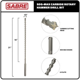Sabre Tools Sabre Tool 1/2 Inch x 21 Inch SDS MAX Rotary Hammer Drill Bit, U-Flute, Carbide Tipped for Brick, Stone, and Concrete (1/2inches x 16inches x 21