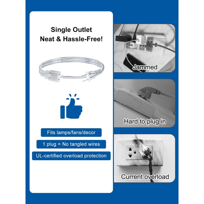 Short Clear Extension Cord 3FT, 1 Pack Single Skinny Extension