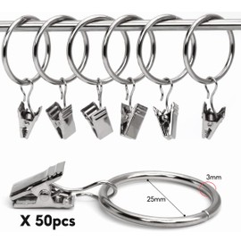 Pack of 50 Curtain Rings with Clips, 25 mm Inner Diameter Curtain Rings, Shower Curtain Metal Clips, Metal Window Curtain Hanging Ring for Curtains Washing Lines