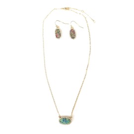 Jp Small Druzy Quartz Crystal Gemstone Jewelry Oval Necklace Earrings Set Gold Tone (Multi Color Blue Green)