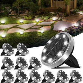 nipify 12 Pack Solar Ground Lights Outdoor, 8 LED Solar Lights Outdoor Waterproof Solar Disc Lights for Yard Garden Walkway Deck Patio Landscape Lawn Driveway (Cool White)