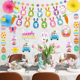 Easter Decorations,Easter Decorations Indoor includes Happy Easter Banner Egg Garland Bunny Chicken Hanging Swirls, Colorful Rabbit Hanging Swirls for Spring Party Home Classroom Office