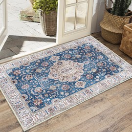 Vivi Bakie Entrance Mat, Indoor, Non-Slip, Absorbent, Quick Drying, Rug, Washable, Antibacterial, Odor Resistant, Lightweight, Soft, Floral Print, Mud Removal, Carpet, Stylish, Doormat 19.7 x 31.5 inches (50 x 80 cm) (Blue)