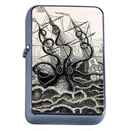 Vintage Octopus Design 02 Kraken Attaking A Ship Oil Lighter Flip Top Silver