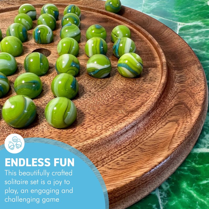 Solitaire Wooden Board Game with Green Goblin Glass Marbles 22cm