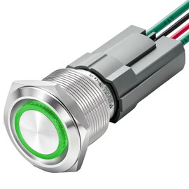 UL Listed 15Amp 19mm Momentary Push Button Switch, IP67 Waterproof, 12-24V DC/AC, 1NO SPST, Metal On/Off Switch with Wire Socket, 304-Stainless Steel Green