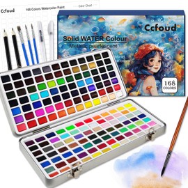Solid Watercolor 168 Color Set, Solid Watercolor, Watercolor Paint Set, Water Brush Pen with Palette, Portable Box, Watercolor, Travel Set, Artists, Beginners to Professionals, Kids and Adults
