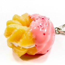 Food Sample Key Holder, French Cruller (Strawberry) 217 OK, Pink