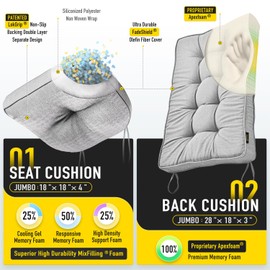 SUNROX Memory Foam Jumbo Rocking Chair Cushions, FadeShield Water Resistant Non Slip Durable Tufted Pads, Set of Seat & Back Cushion with Ties for Indoor/Outdoor Rocker, 2 Piece, Heather Grey