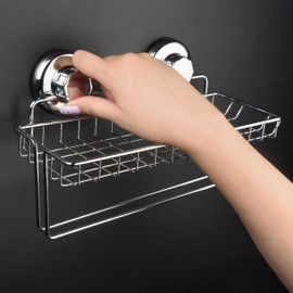Suction Cup Paper Towel Holder With Shelf and Hooks - Wall Mount Metal Organizer for Bathroom & Kitchen - SUS 304 Stainless Steel Tissue Roll Hanger - Chrome