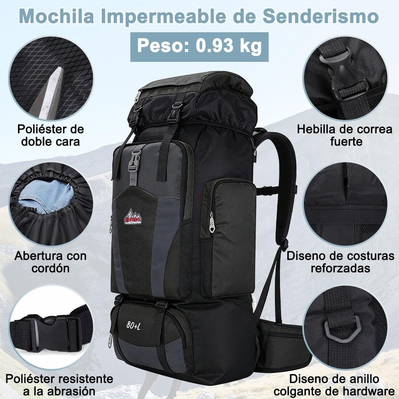Mochila Senderismo 80L Impermeable para Hombre y Mujer