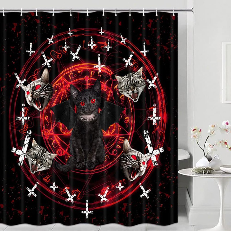 JAWO Funny Cat Shower Curtain, Black Cat Pentagram Death Black