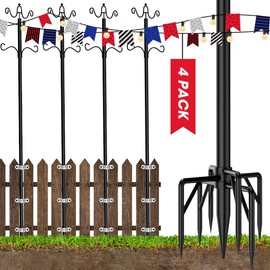 Arrinew String Light Poles 9 FT Metal Poles with Hook for Outside String Lights - Outdoor Patio Light Poles Lighting Stand for Deck, Backyard, Balcony, Hanging Basket, Lantern, Bird Feeder 4Pack