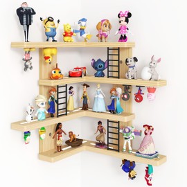 LUPWNEKA L-Shaped Tonies Shelf, 4-Tier Corner Floating Shelves for Tonies Figures (30-38 Character), Pine Wood Tonie Shelf Magnetic with MINI Ladder, Natural Display Shelves for Children Room
