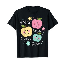 Happy to See Your Face Groovy Apple Smile Face Teacher T-Shirt
