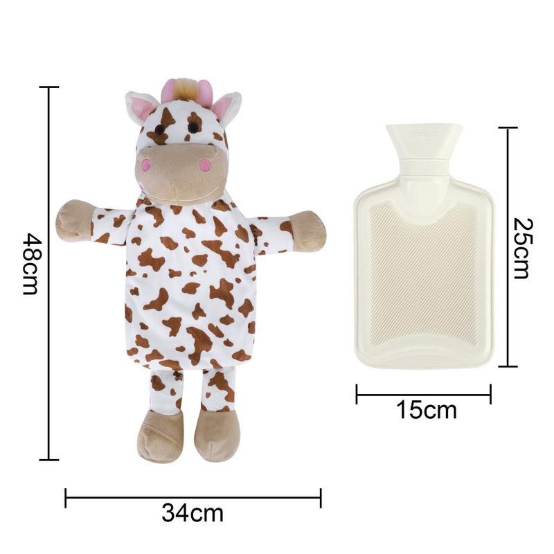Rubber Hot Water Bottle with Cute Stuffed Zebra, Cow, Pig