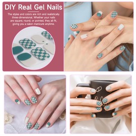 DUKASOU 28pcs Semi Cured Gel Nail Strips, Gel Nail Stickers Kit Work with Any UV Nail Lamps, Long Lasting Gel Nail Wraps for Girl Women, Includes Prep Pads, Nail File & Wood Stick(Green Checker)