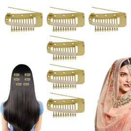 Pack of 6 Chunni Clips with Needles Wigs Clips Accessories Hair Extension Clips for Dupatta Hijab Costume, with Rubber Press Stud for Easy Operation (Gold)