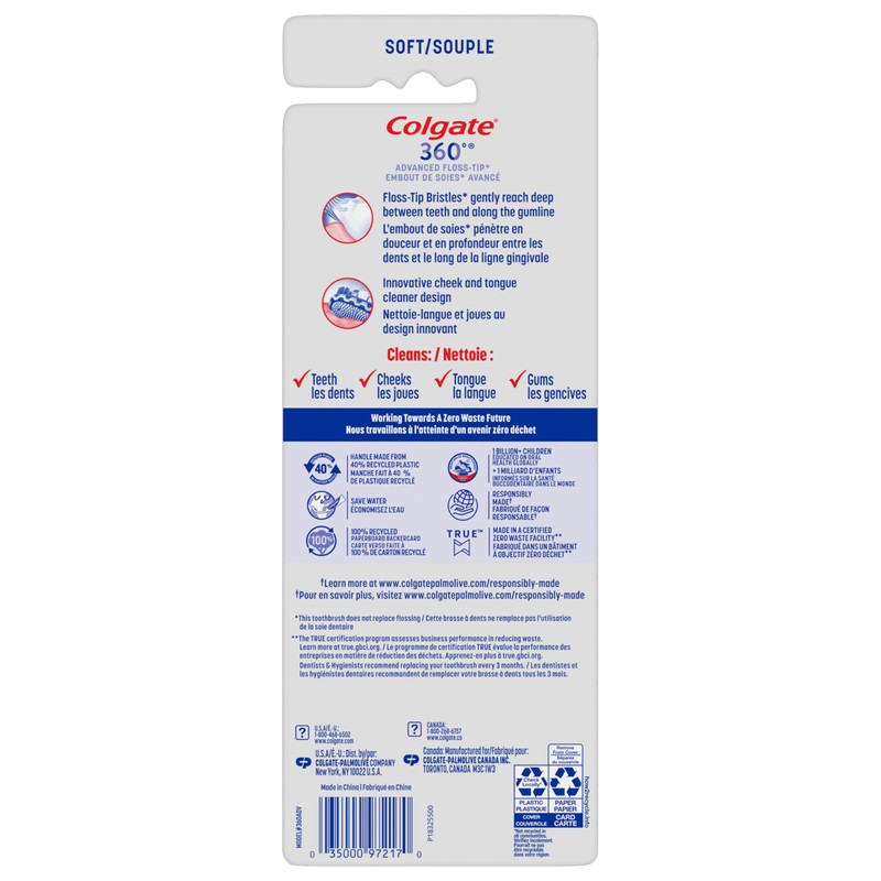Colgate 360 Advanced Floss Tip Toothbrush, Soft Toothbrush for Adults,