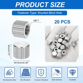 PATIKIL M6 Knurled Thumb Nuts, 20pcs 304 Stainless Steel Female Thread Type Flat Head Blind Hole Round Hand Tighten Knob Fasteners Screw Cap Adjust Lock Position, D10mm x H8mm