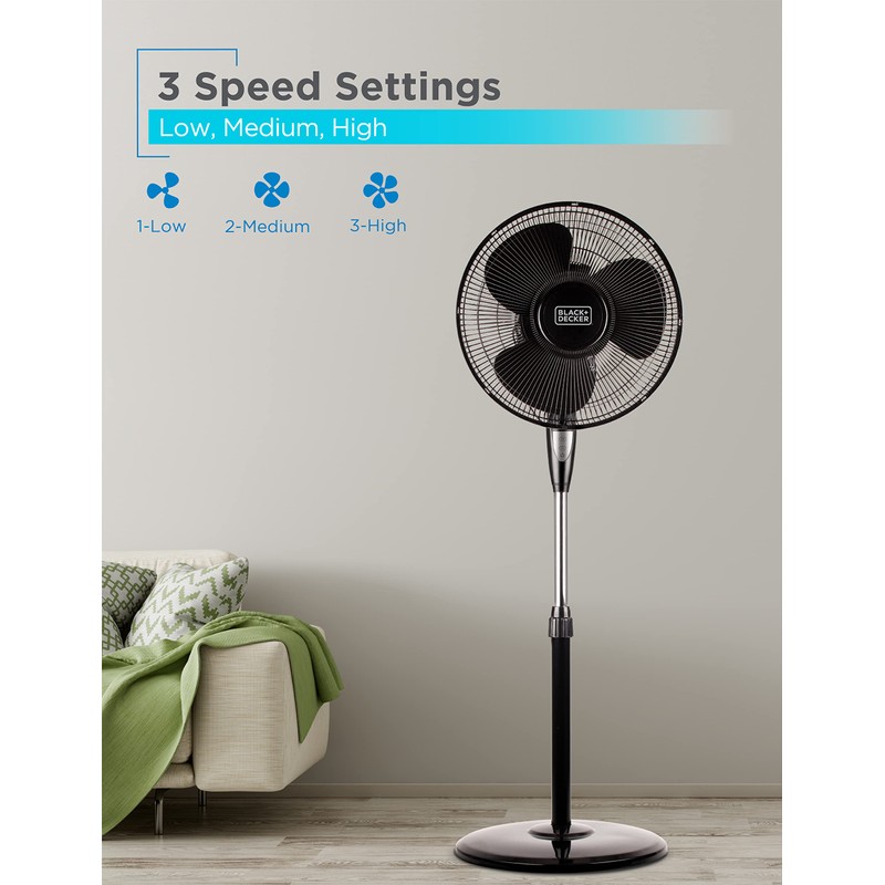 BLACK+DECKER 16 Inches Stand Fan with Pedestal Base, Height Adjustable