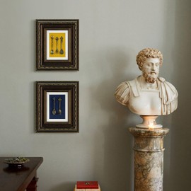 FOLKOR LIFE Vintage Wall Art Sculptures, Framed Wall Hanging Pediment with Ornate Spoon Fork Navy Blue Backdrop, Matted Retro Framed Artwork for Kitchen Dining Room Hotel Gallery Decor, 10.6x12.6