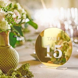 HZGUEOSTB Acrylic Wedding Table Numbers 1-15 with Stands,4.8"Round Mirror Gold Table Number Signs and Holders for Wedding Reception, Party, Event, Centerpiece Decoration (Gold, 1-15)