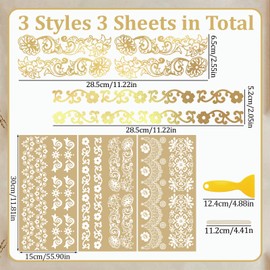 WANDIC 3 Sheets Gilding Rub On Transfer Stickers, Gold Foil Lace Pattern Theme Decals Waterproof Stickers for Furniture Postcard Window, 15 * 30cm