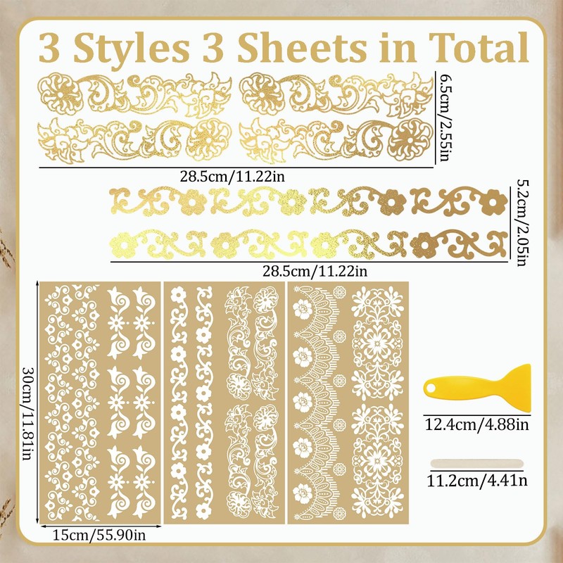WANDIC 3 Sheets Gilding Rub On Transfer Stickers, Gold Foil