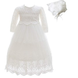 Silver Mermaid Baby Girls Long Sleeve Baptism Dress Floral Embroidery Christening Blessing Gown(24M,Ivory White)