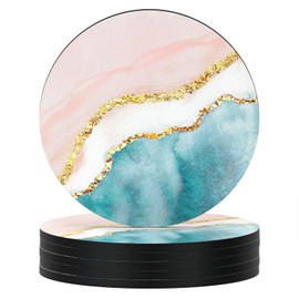 Nipichsha Coasters for Drinks, Set of 6 Absorbent Rubber Drink Coasters with Non-Slip Backing, Cute Drink Coasters for Cup Kitchen Home Decor Housewarming Gift, Round 4", Pink Gilt